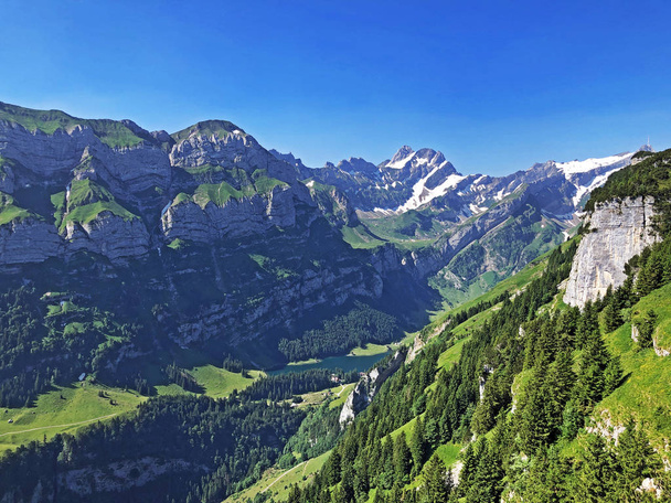 Alpský jezero Seealpsee v pohoří Alpstein a v oblasti Appenzellerland-Kanton Appenzell Innerrhoden (AI), Švýcarsko - Fotografie, Obrázek