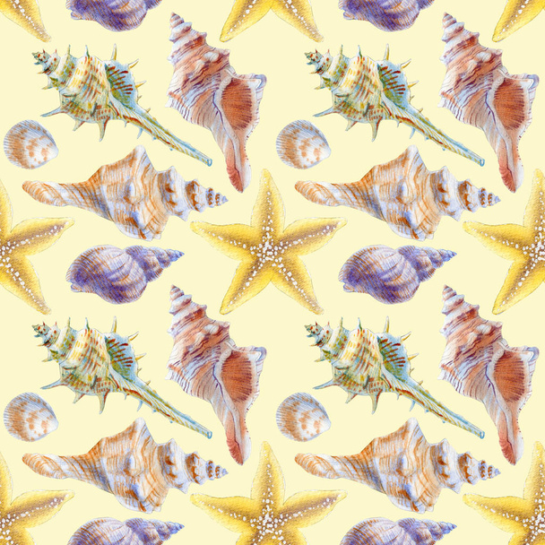 Marine seamless patern of sea shells and starfishes. Watercolor illustration for textile, greeting cards, invitations. - Φωτογραφία, εικόνα