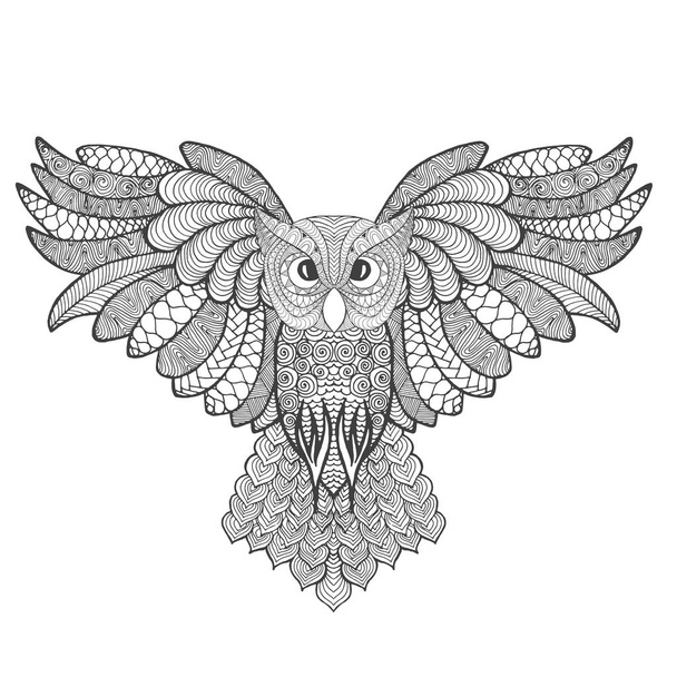 Eagle owl. Adult antistress coloring page - Vector, Image