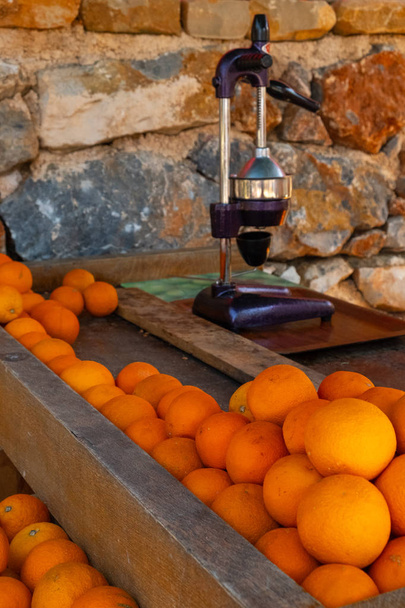 Juicer and ripe oranges. Natural juice and fruit  in Alanya. Tur - Photo, Image