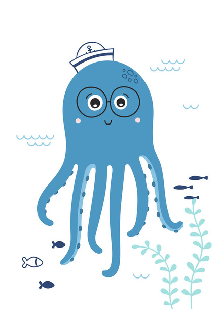 Cute little octopus with glasses. Childish print for nursery. Sweet sea animal. Vector. - Διάνυσμα, εικόνα