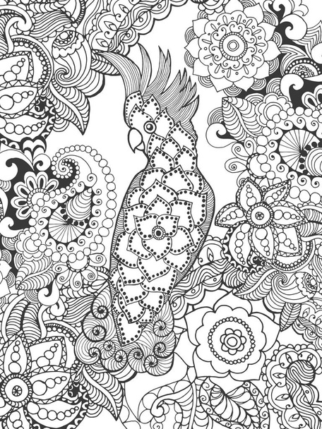 Cockatoo in fantasy flowers - Вектор,изображение