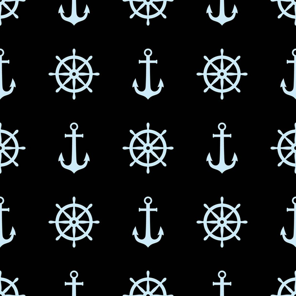 Anchor and ship wheel seamless pattern design. Vector nautical sea pattern print, blue ship wheel and anchor on black background. - Wektor, obraz