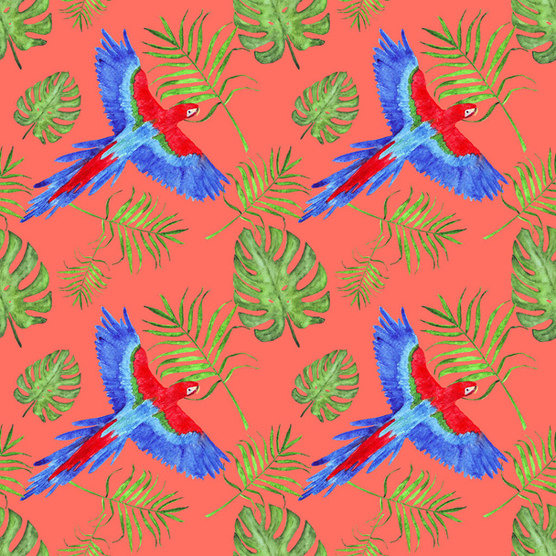 akvarell trópusi varrat nélküli mintás papagáj ara levelek Monstera és Tenyér - Fotó, kép