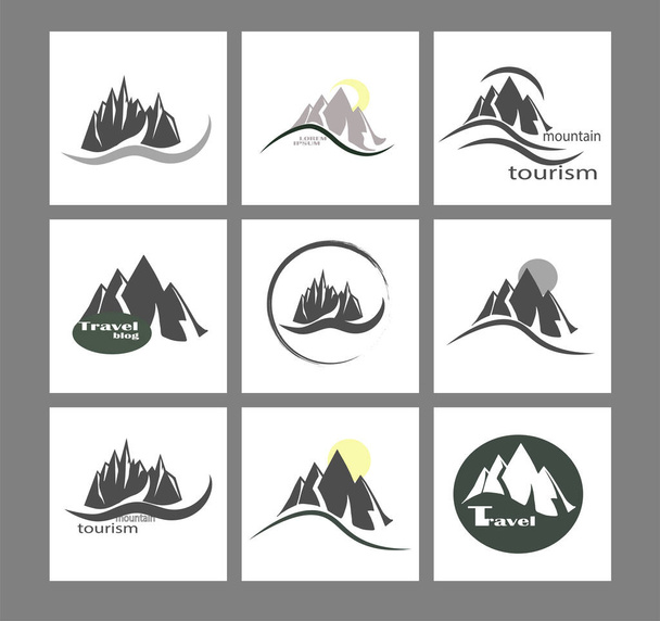 Векторный набор, коллекция икон и логотипов с горами. Горный спорт Красивый горный ландшафт - плоский дизайн
 - Вектор,изображение
