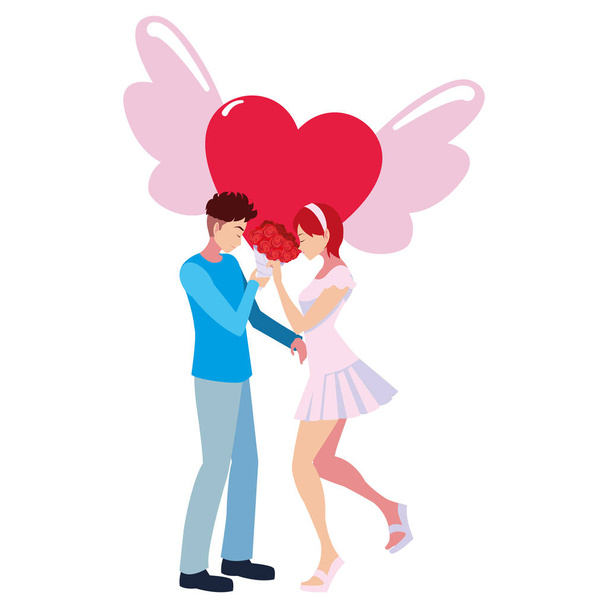 çift romantik çiçekler kalp aşk kanatları - Vektör, Görsel
