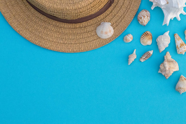 Chapéu e conchas em um fundo azul, humor de verão
 - Foto, Imagem