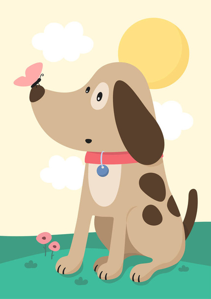 Cute dog with butterfly on muzzle. Childish print for nursery, poster, postcard. Vector. - Vector, Image