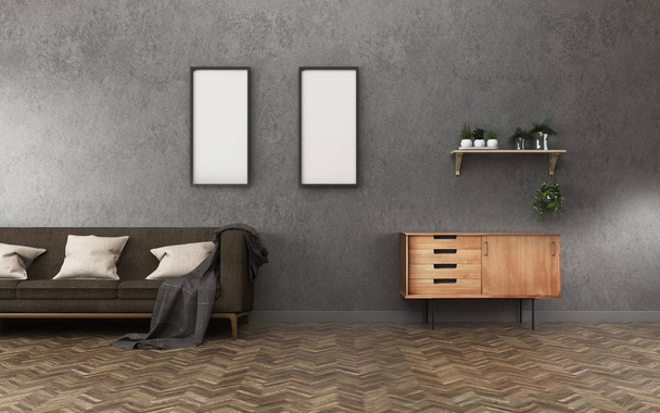 Entspannungsraum mit Hintergrund.Betonwand und Holzboden im Wohnzimmer. -3D-Darstellung - Foto, Bild