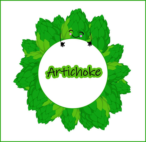Pegatina o logotipo para té de alcachofa, verduras frescas y otros alimentos saludables. Lindos personajes
. - Vector, Imagen
