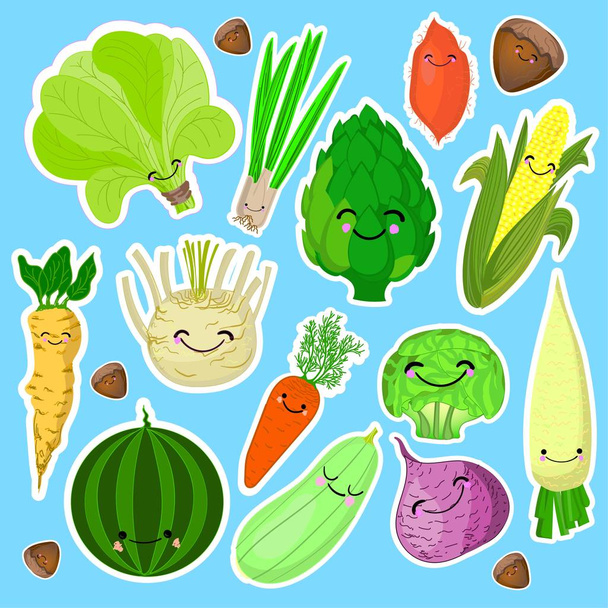 Een set van kawaii stickers of patches met-groenten-tomaten, komkommers, aardappelen, bieten, wortelen op een witte en blauwe backgroun. - Vector, afbeelding