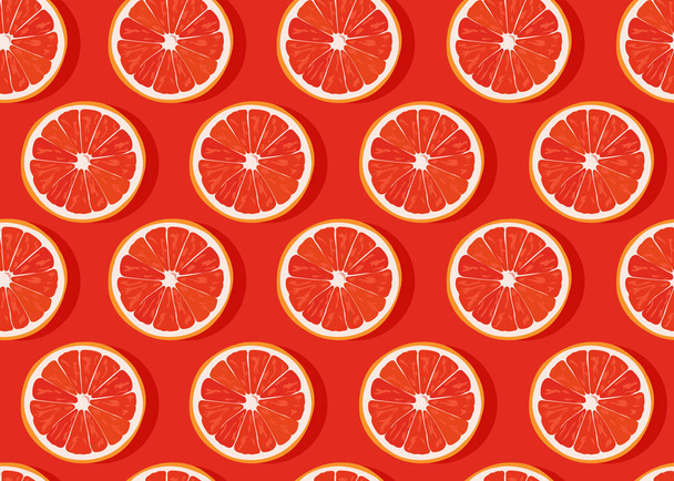 Oranje vruchten segmenteren naadloos patroon op oranje achtergrond met schaduw. Grapefruit Citrus fruit vector illustratie. - Vector, afbeelding