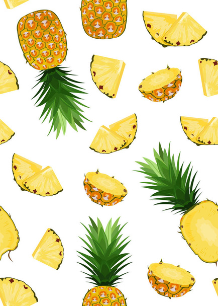 Frutas de piña y patrón de rebanada sin costuras sobre fondo blanco. Fondo de verano. Ananas frutas vector ilustración
. - Vector, imagen