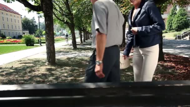 Tiro de um casal sentado em um banco de parque em um belo dia de verão
 - Filmagem, Vídeo