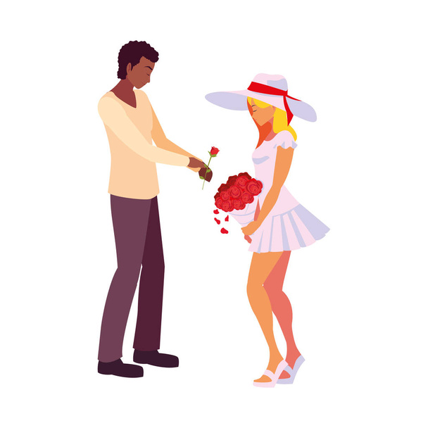 man giving bouquet flowers a woman - Vector, Image