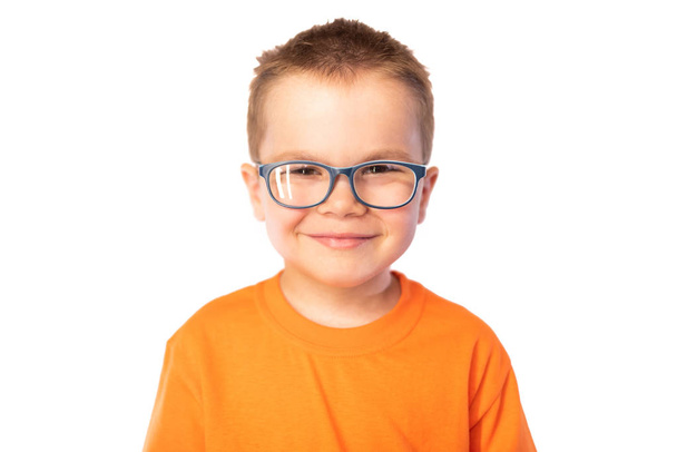 Little cute boy with glasses smiling isolated on white background - Photo, image
