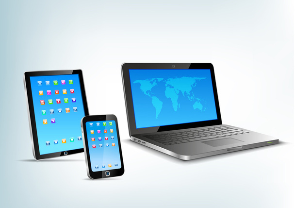 Touchpad, notebook, mobiltelefon vektor perspektivikus nézet - Vektor, kép