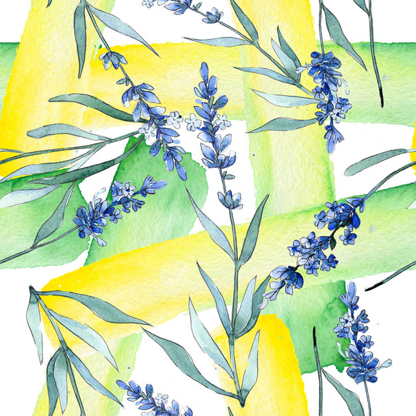Blauwe lavendel bloemen botanische bloemen. Aquarel achtergrond illustratie instellen. Naadloos achtergrond patroon. - Foto, afbeelding