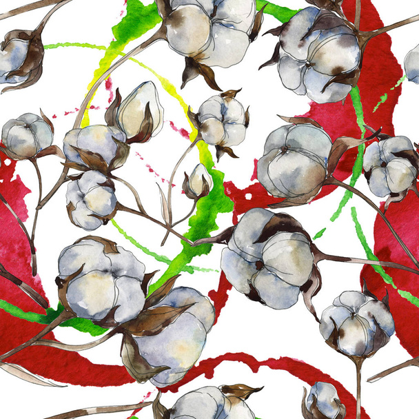 White cotton floral botanical flowers. Watercolor illustration set. Seamless background pattern. - Photo, Image