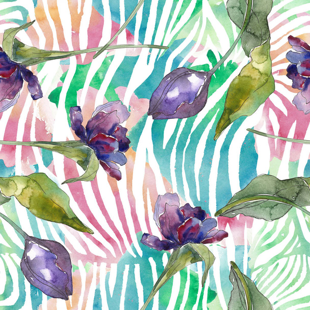 Paarse Tulip Floral botanische bloemen. Aquarel achtergrond illustratie instellen. Naadloos achtergrond patroon. - Foto, afbeelding