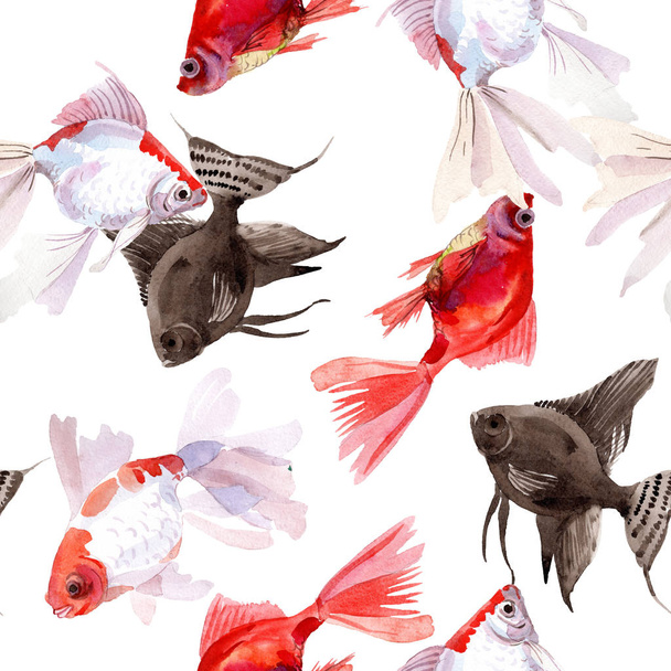 Goldfish aquatic underwater colorful tropical fish set. Watercolor illustration set. Seamless background pattern. - Photo, Image