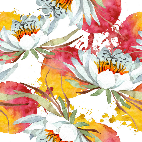 Epiphillum oxypetallim fiori botanici floreali bianchi. Set illustrazione acquerello. Modello di sfondo senza soluzione di continuità
. - Foto, immagini