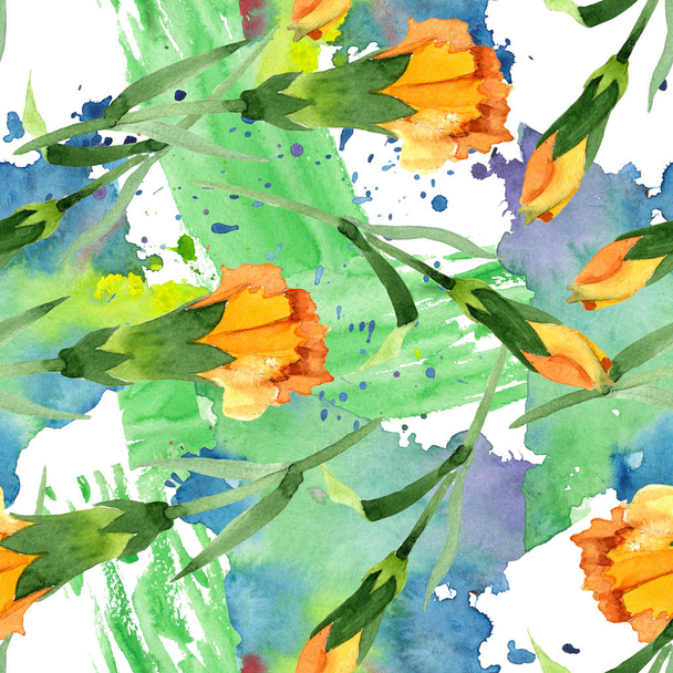 Żółty Dianthus kwiatowy kwiatów botanicznych. Akwarela zestaw ilustracji tła. Płynny wzór tła. - Zdjęcie, obraz