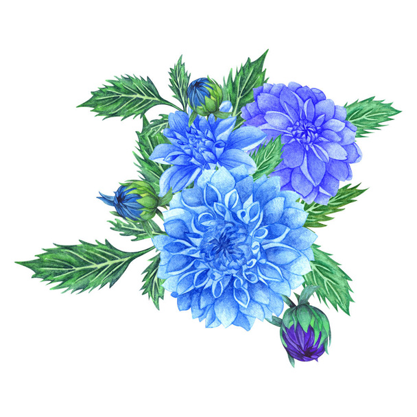 Aquarell Blumenstrauß mit blauer Dahlie, Blättern, Laub, Zweigen, Farnblättern. - Foto, Bild