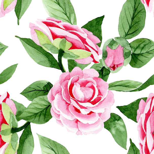 Rosafarbene Kamelienblüten. Aquarell Hintergrundillustration Set. nahtloses Hintergrundmuster. - Foto, Bild