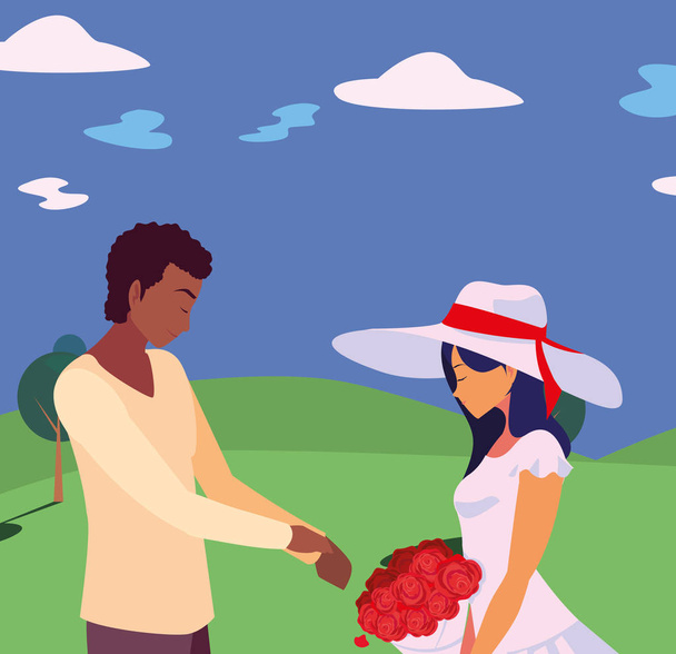 man giving bouquet flowers a woman - Vector, Image