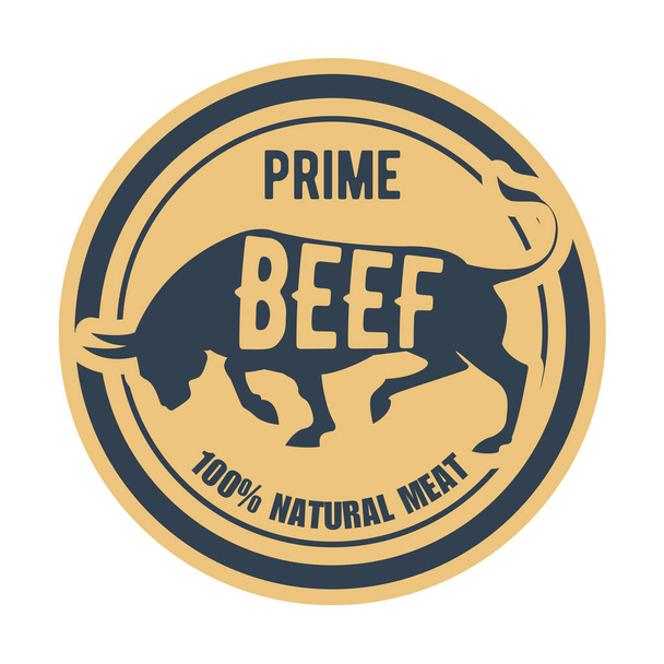 プライムビーフスタンプ - ブル付きラベル、天然肉ステッカー - ベクター画像