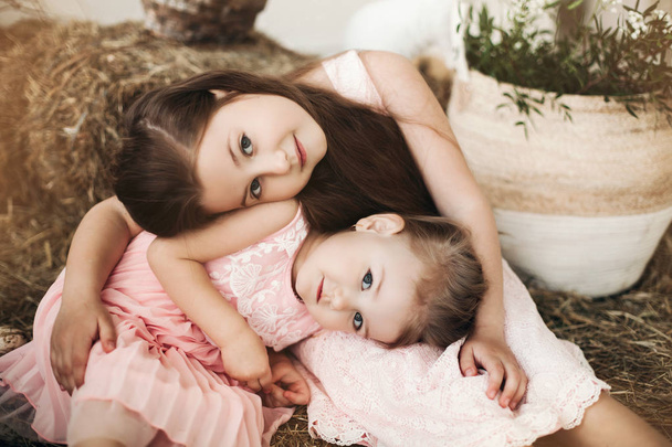 Γλυκές μικρές αδελφές αγκαλιασμένοι σε στοίβα από σανό. - Φωτογραφία, εικόνα