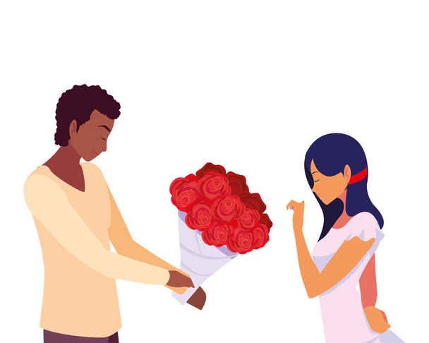 花束を贈る男は女性 - ベクター画像