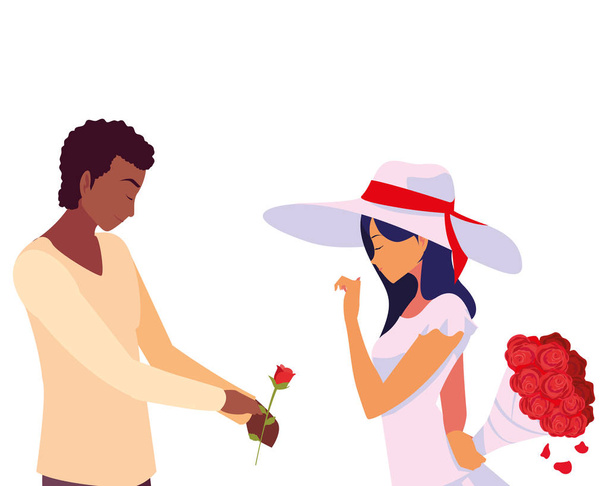 hombre dando flores de ramo una mujer
 - Vector, imagen