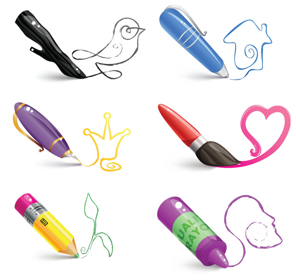 Ensemble de divers outils de dessin avec des dessins d'art en ligne colorés
 - Vecteur, image