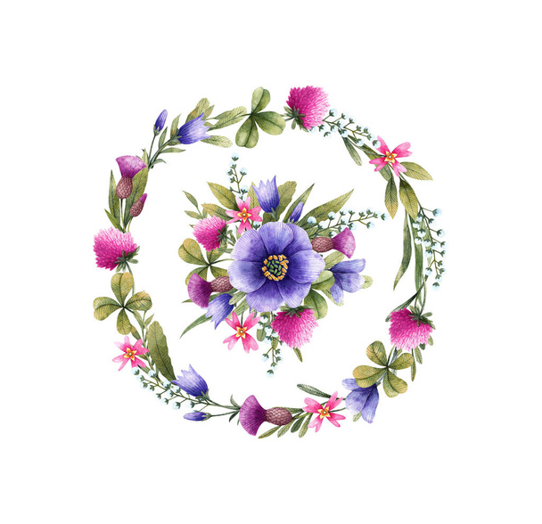 Wild flowers in wreath: bellflower, cirsium, clover and other. Watercolor illustration. Floral elements isolated on white background. - Photo, Image