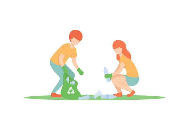 Mann und Mädchen sortieren Müll - Vektor, Bild