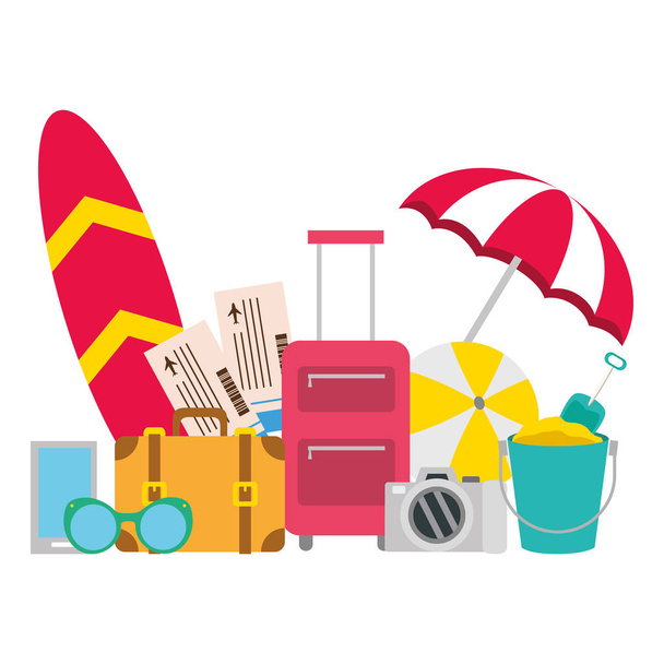 vacations suitcases ball bucket surfboard camera tickets - Vecteur, image