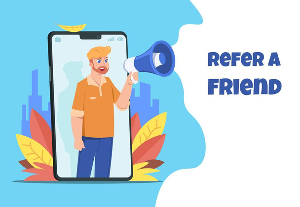 Refer a friend. Character with megaphone sharing refer from smartphone, announcement concept. Vector business poster - Vector, Image
