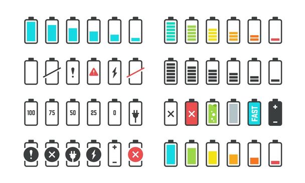Batterij pictogrammen. Telefoon laadniveau, UI-ontwerpelementen van batterij percentage, volledige laag en lege batterijstatus. Power set voor vector telefoons - Vector, afbeelding