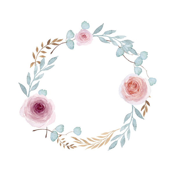 Watercolor floral illustration  - wreath with green leaves eucalyptus, pink roses. For wedding invitations, greetings, wallpapers, fashion, backgrounds, textures, DIY, cards. - Φωτογραφία, εικόνα