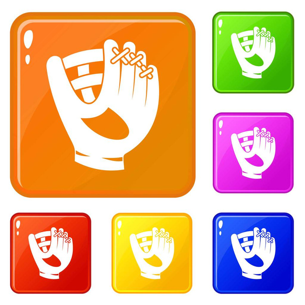 Leather baseball glove icons set vector color - Vetor, Imagem