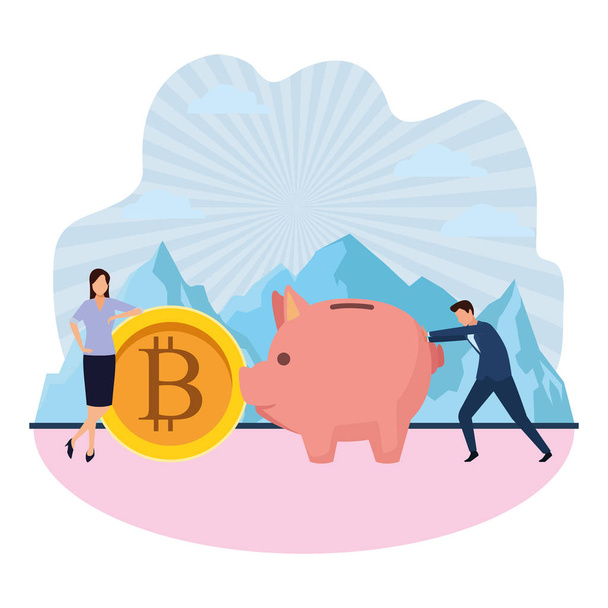 business couple pushing a piggy saving - Vector, Image