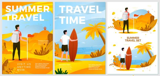 Vector summer leisure posters set hiking, surfing - Vektör, Görsel