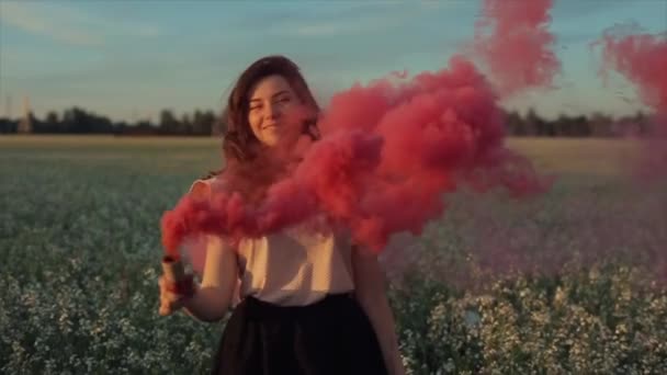 Young attractive brunette girl in skirt with a pink smoke bomb on the field. Girl having fun laughing enjoying and whirling with smoke against sunset. Close up portrait - Footage, Video