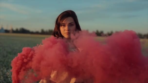 Young attractive brunette girl in skirt with a pink smoke bomb on the field. Girl having fun laughing enjoying and whirling with smoke against sunset. Close up portrait - Footage, Video