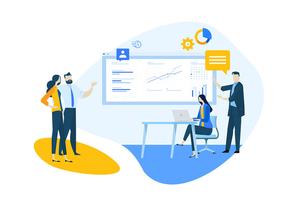 Flat design concept of our team, business analysis and planning, time management. Vector illustration for website banner, marketing material, business presentation, online advertising. - Vector, Image