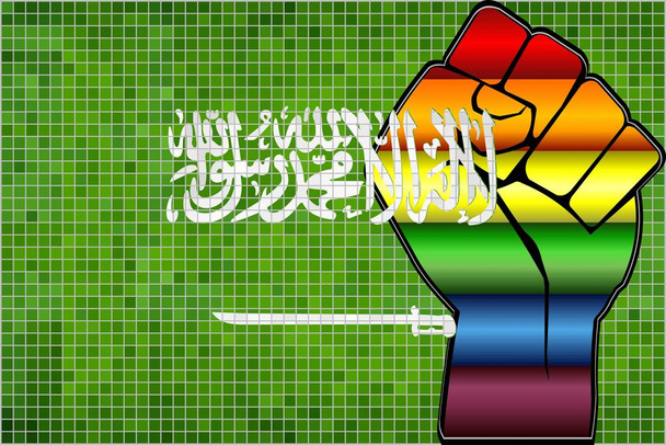 Brillante protesta LGBT Puño en una bandera de Arabia Saudita - Ilustración, mosaico abstracto de Arabia Saudita y banderas gay
 - Vector, imagen