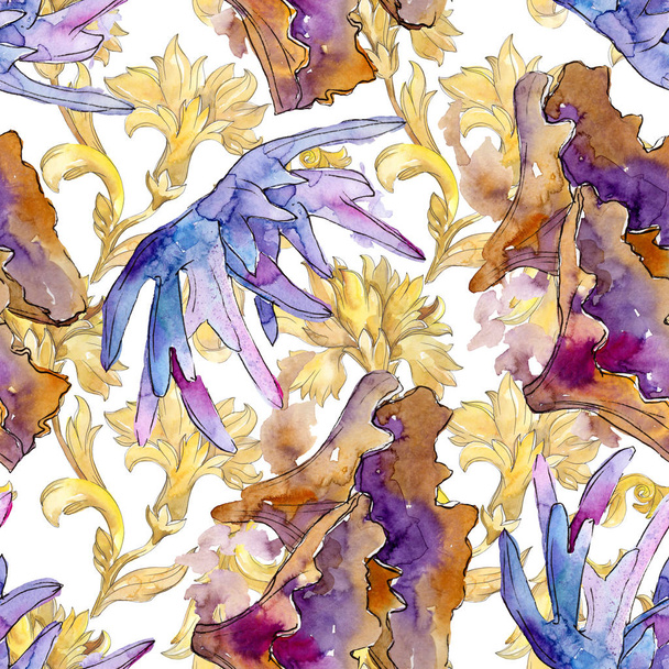 Colorida naturaleza acuática submarina arrecife de coral. Juego de ilustración en acuarela. Patrón de fondo sin costuras
. - Foto, Imagen