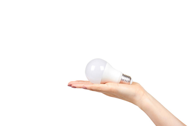 Hand with white LED bulb, eco friendly lamp, modern equipment. - Photo, image